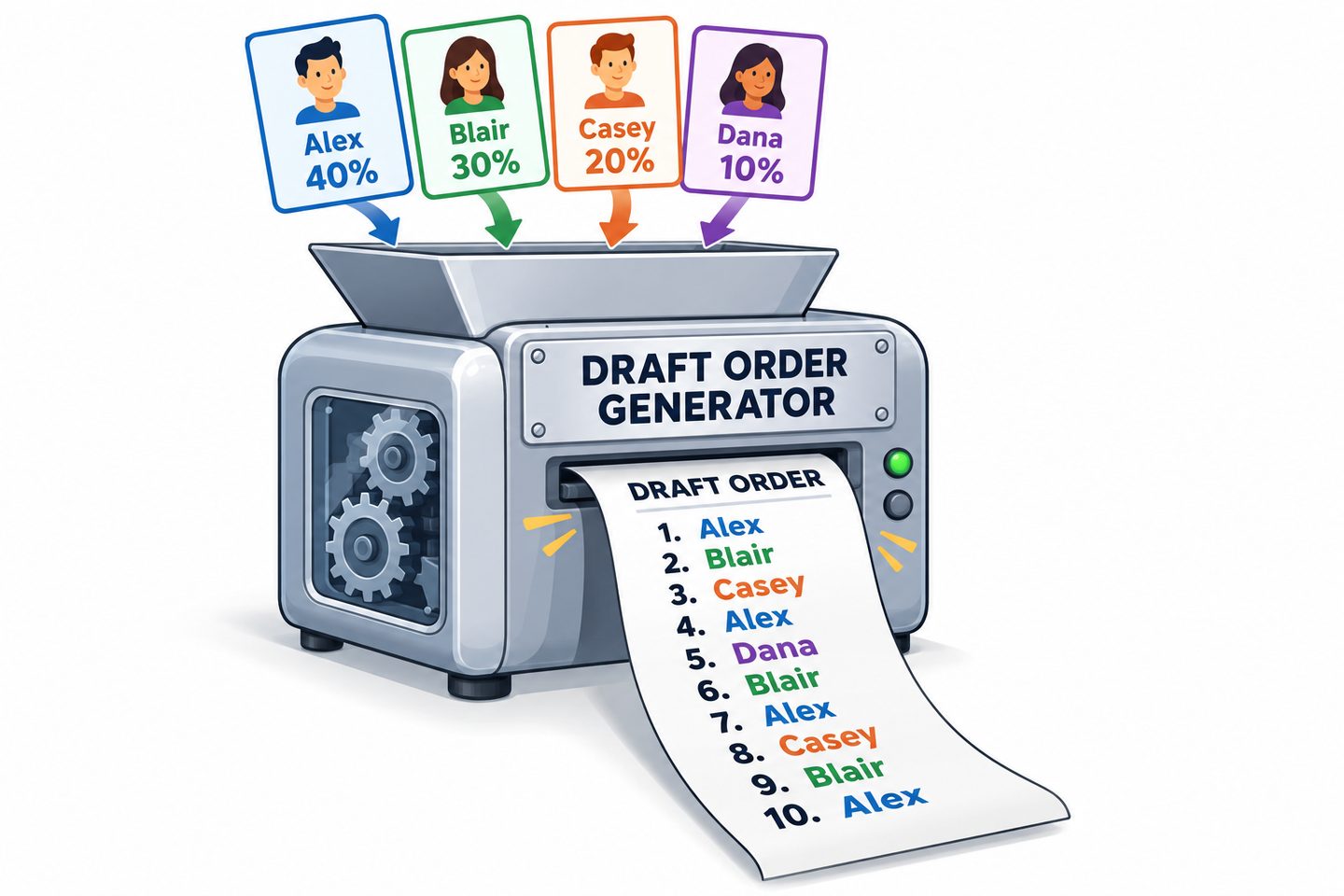 A cartoon machine labelled Draft Order Generator: cards for Alex, Blair, Casey and Dana with their shares drop into the hopper, and a printed draft order comes out the front