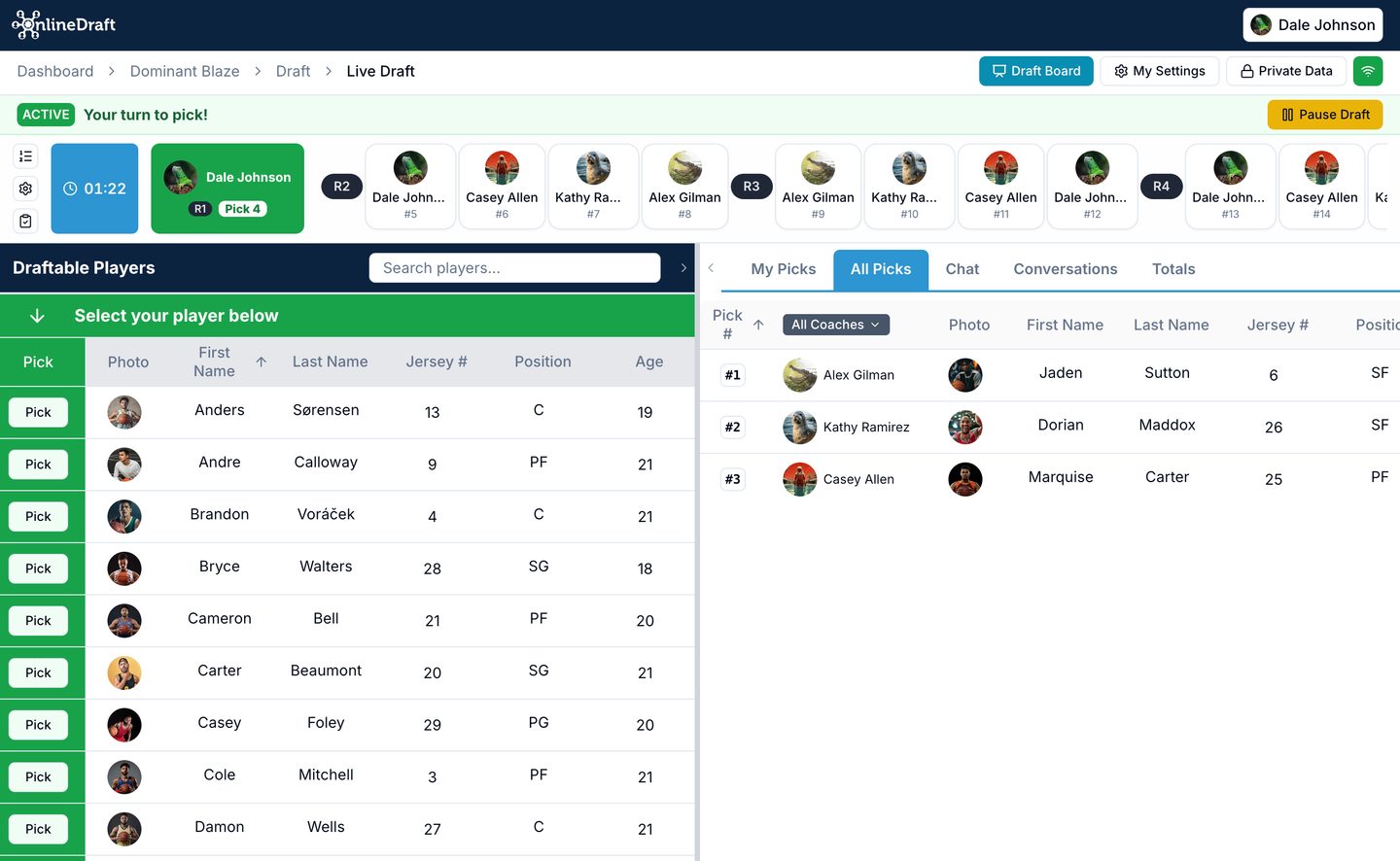 OnlineDraft live draft screen with the pick timer, draft order, and available items