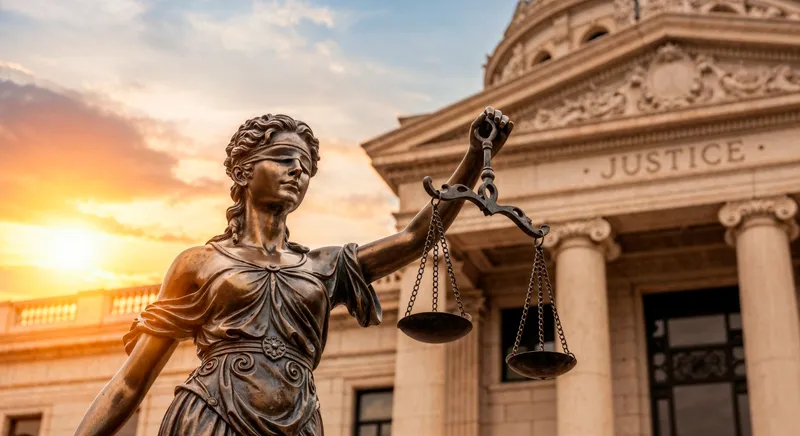 Statue of Lady Justice holding balanced scales before a courthouse