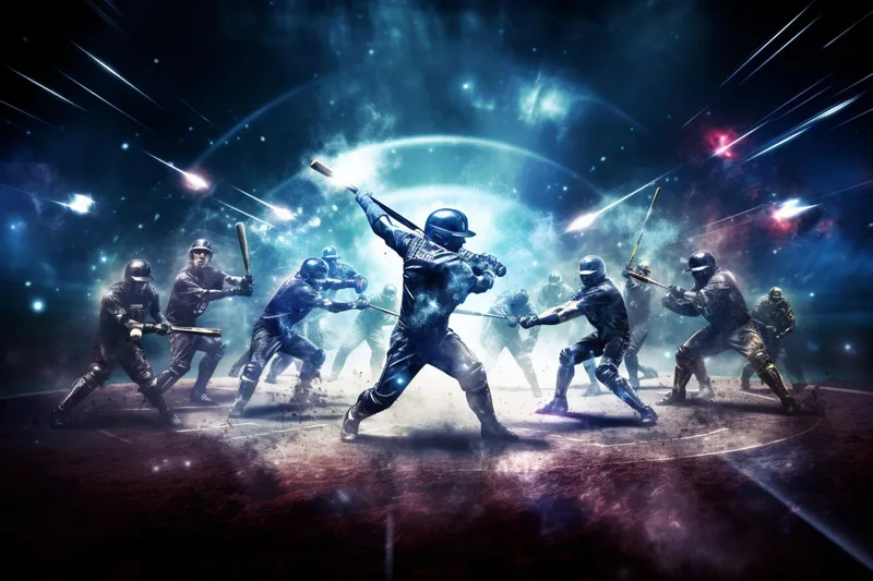 Stylized composite of batters in a floodlit arena