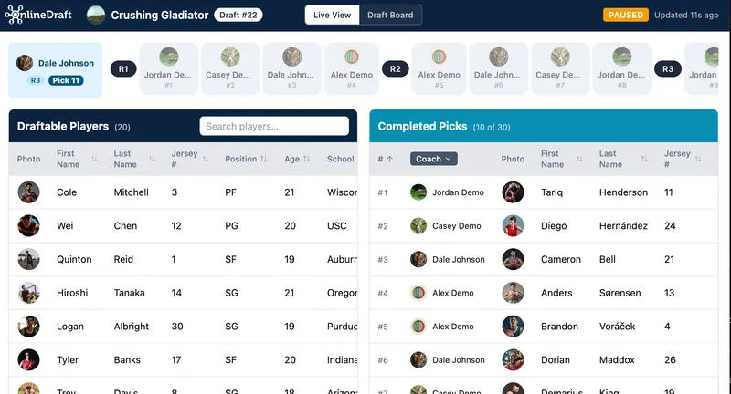 OnlineDraft live draft with the available pool on one side and completed picks on the other
