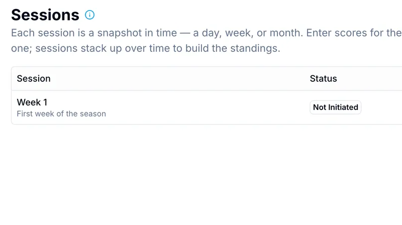 OnlineDraft scoring sessions list where each session builds the standings