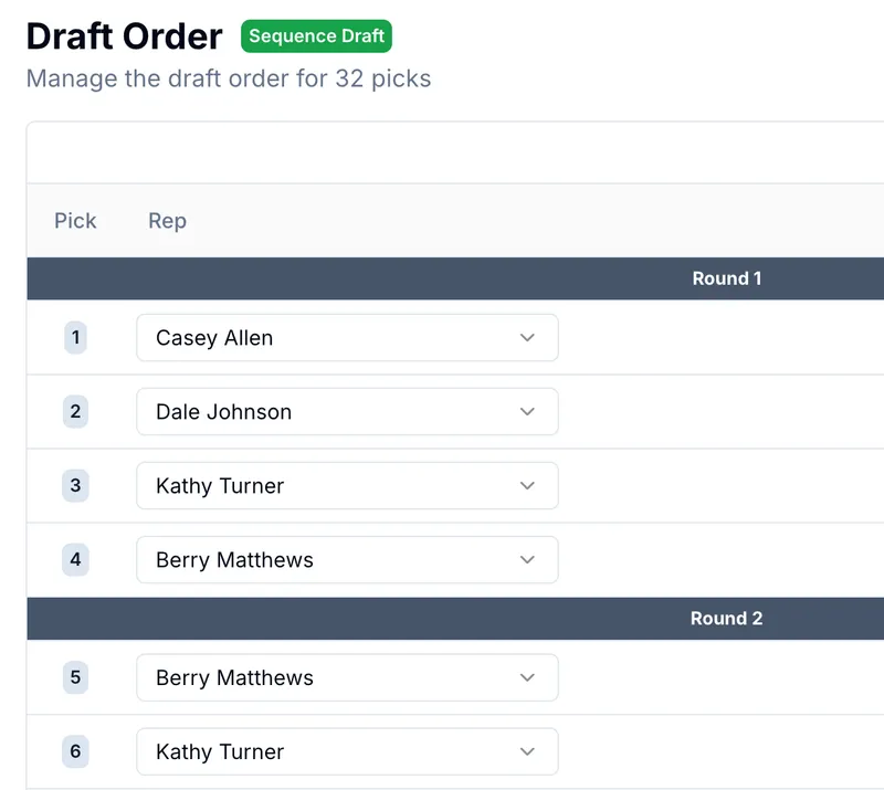 OnlineDraft draft order manager with reps arranged across snake rounds