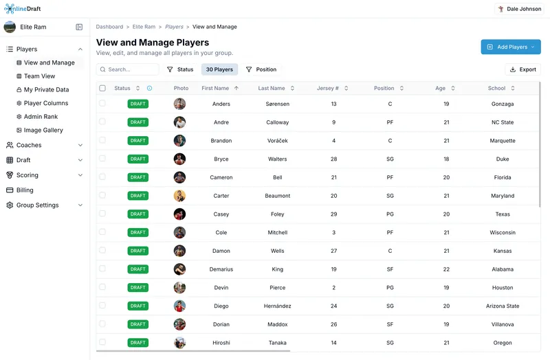 OnlineDraft player list with photos, jersey numbers, positions, and schools