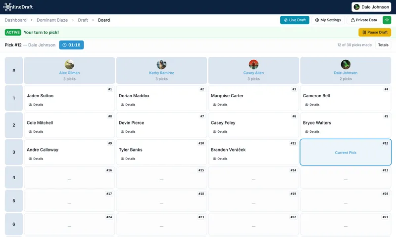 OnlineDraft draft board with each team's roster filling in