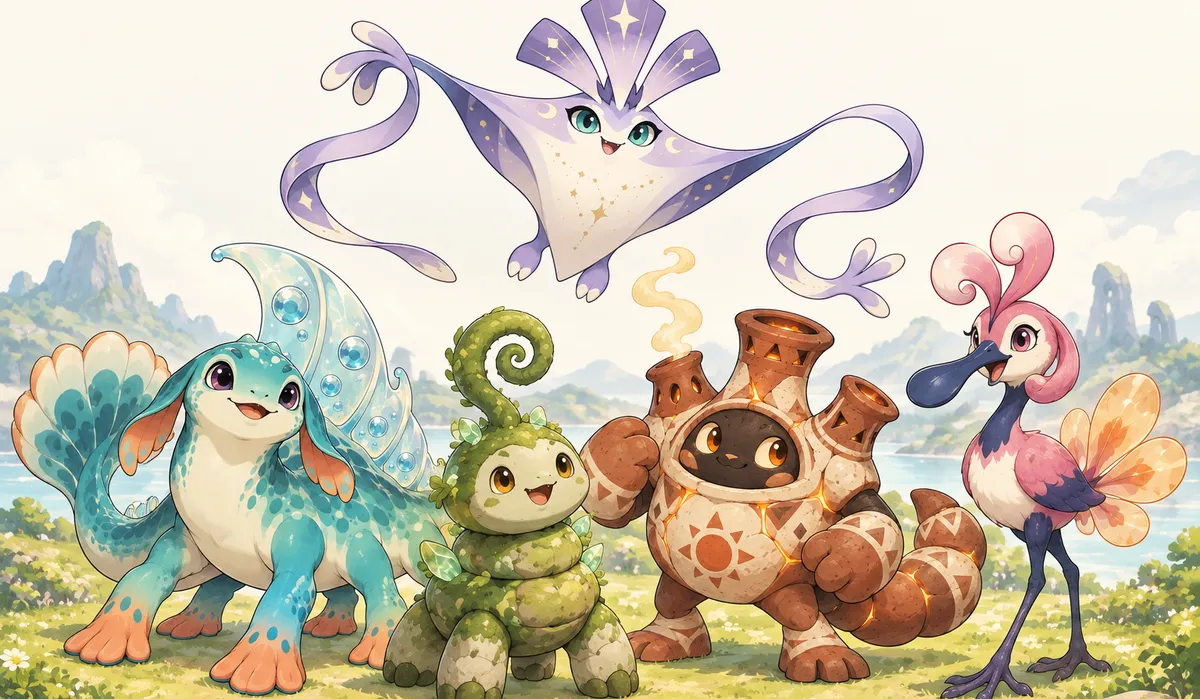 Five original illustrated creature characters gathered in a grassy clearing by a lake