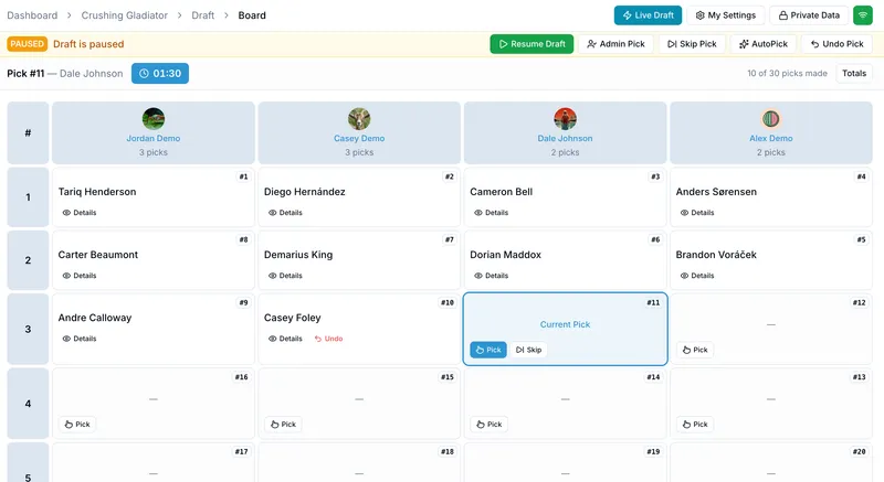 OnlineDraft draft board mid-draft, with a pick timer and each team's roster filling in round by round