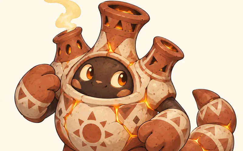 Illustrated fire-type creature character made of glowing patterned clay
