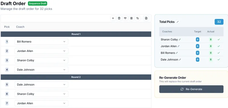 OnlineDraft draft order screen showing snake rounds and a re-generate button