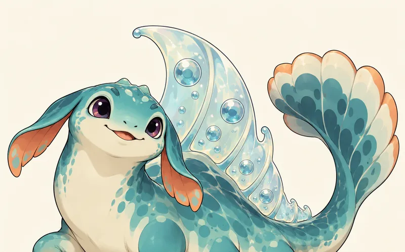Illustrated water-type creature character with a bubble-patterned fin