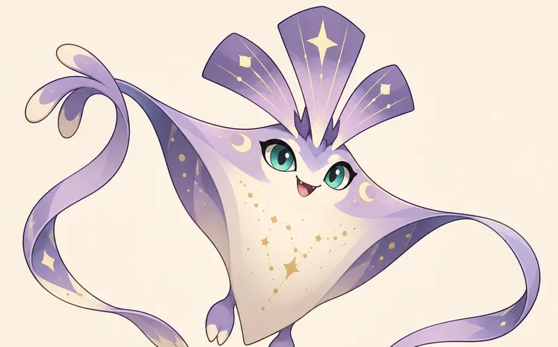 Illustrated psychic-type creature character with star-marked ribbon wings