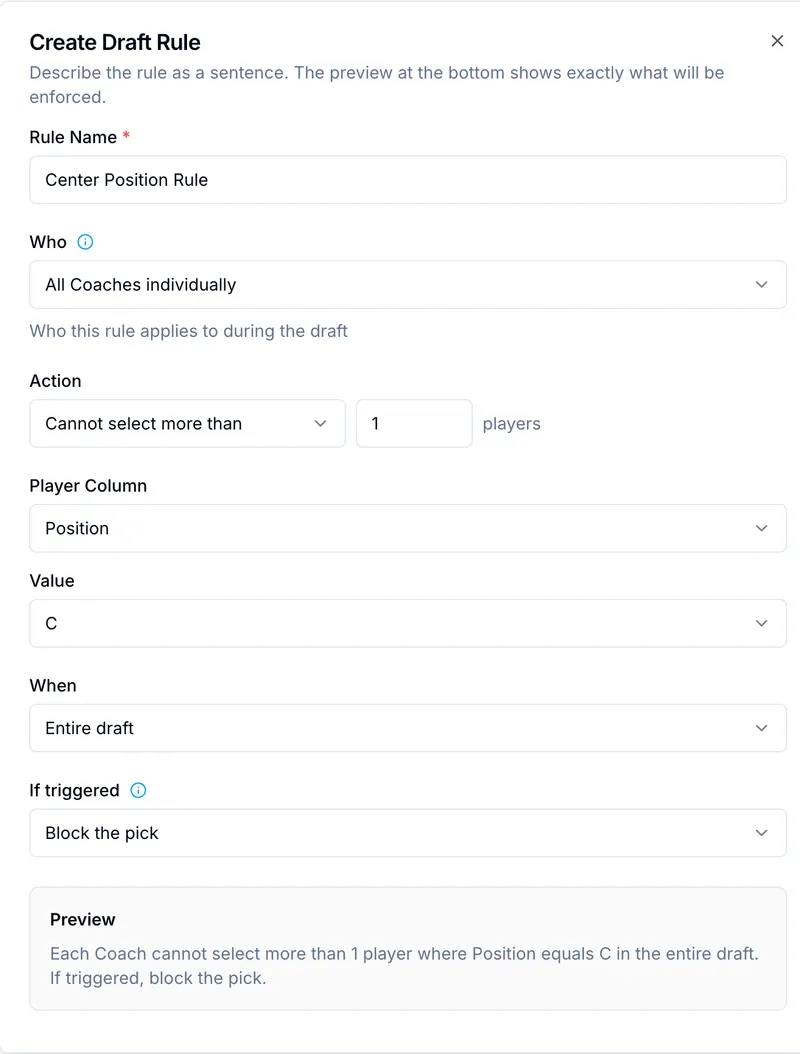OnlineDraft rule builder composing a limit as a sentence, with a plain-English preview of what will be enforced
