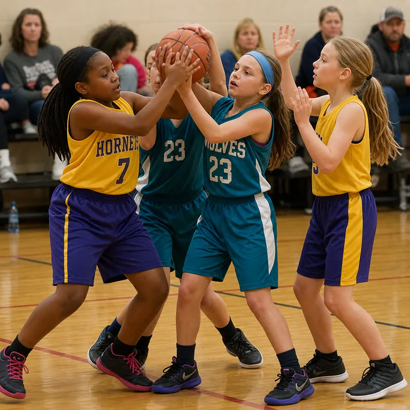 Girls basketball players battling for the ball in a gym