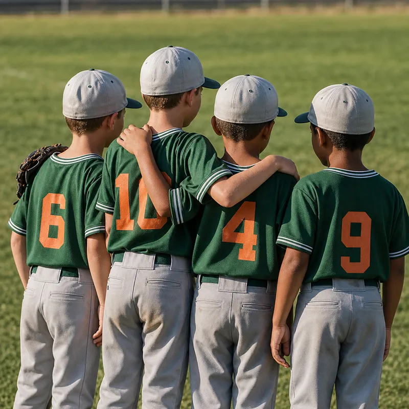 Youth baseball teammates standing together on the outfield grass