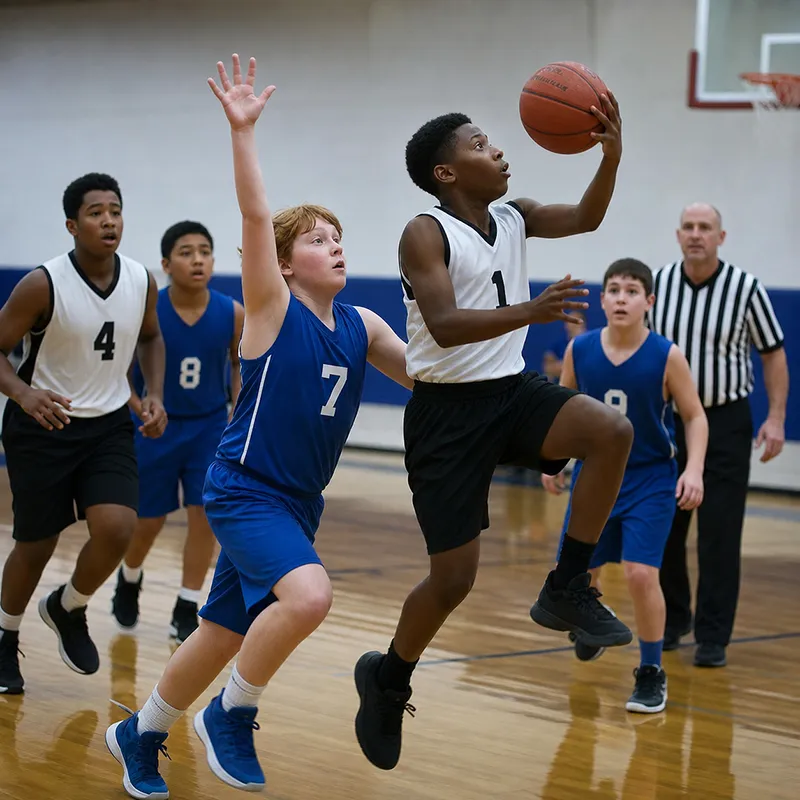 Youth basketball player driving to the basket in a gym game