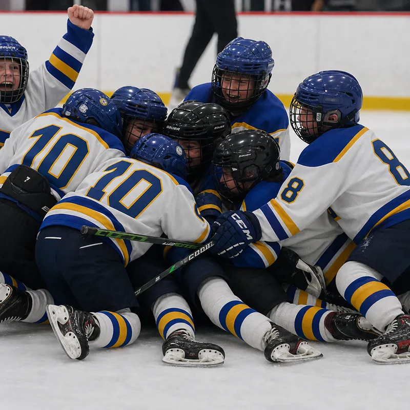 Youth hockey team celebrating in a pile on the ice