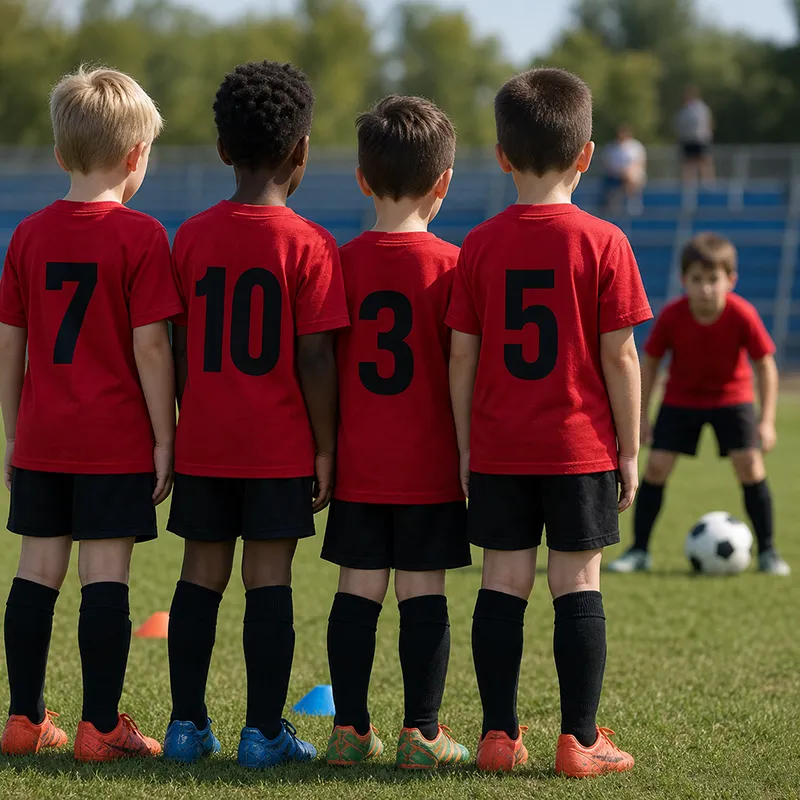Youth soccer players lined up on the field in red jerseys