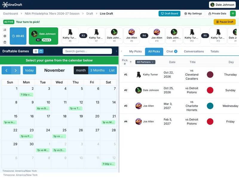 OnlineDraft live season-ticket draft with games picked from a calendar