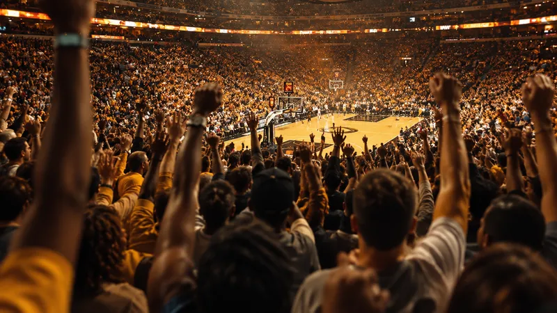 Packed basketball arena with fans on their feet cheering courtside