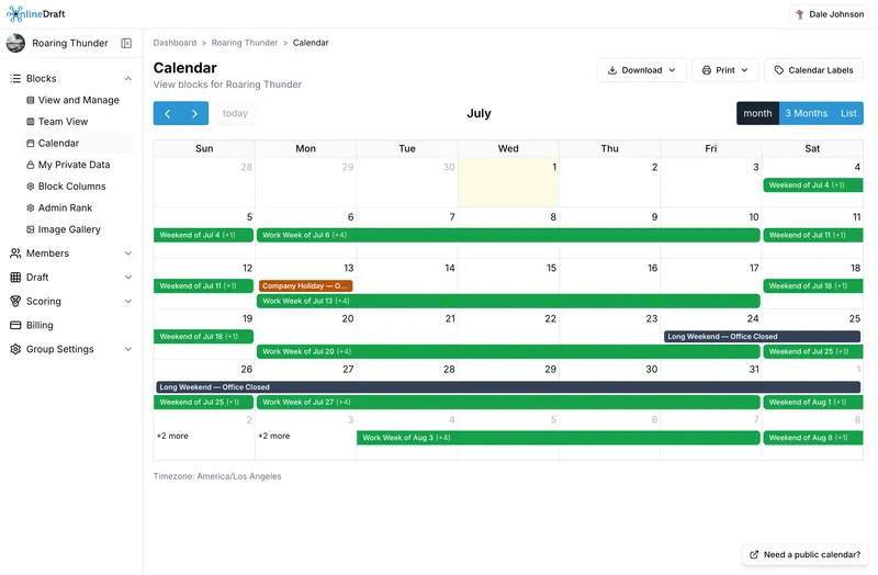 OnlineDraft group calendar showing work-week and weekend blocks across a month
