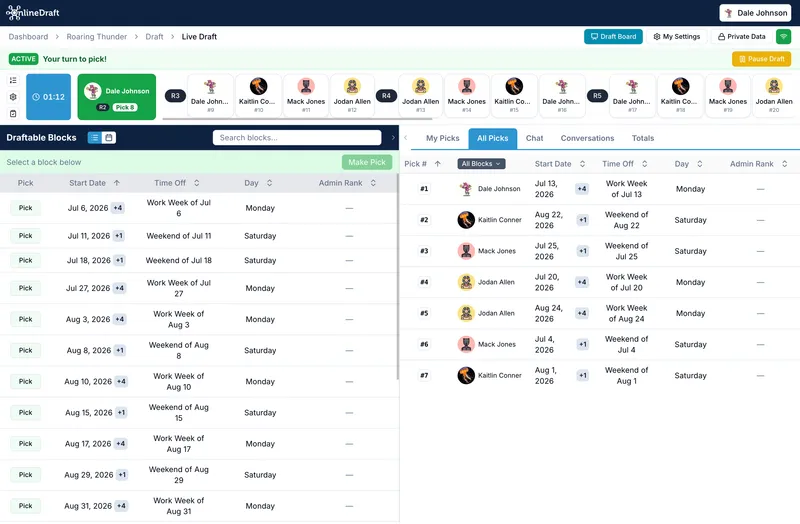 OnlineDraft live vacation draft with work weeks and weekends being picked in turn