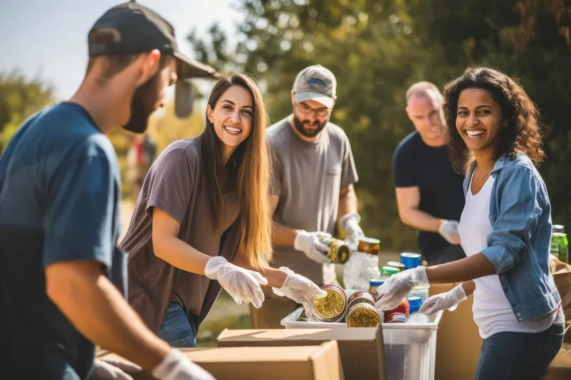 Volunteer crew sorting donations together at an outdoor drive