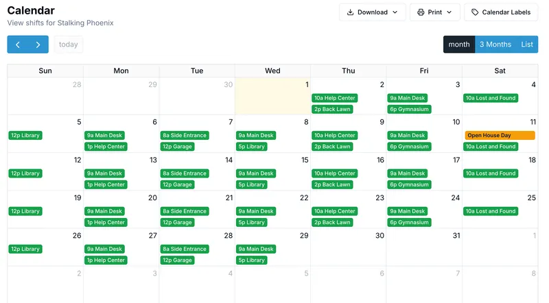 OnlineDraft calendar showing volunteer slots covered across a month