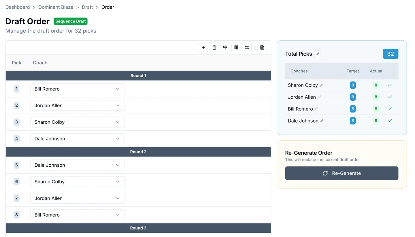 OnlineDraft draft order page with picks grouped into rounds and a re-generate control beside the pick totals