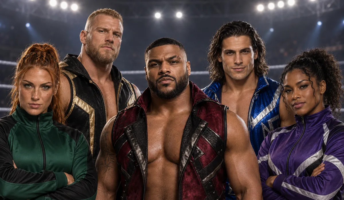 Five original wrestling characters standing together in an arena ring under the lights