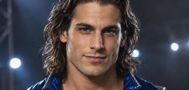 Original wrestling character in a blue and silver ring jacket under stage lights