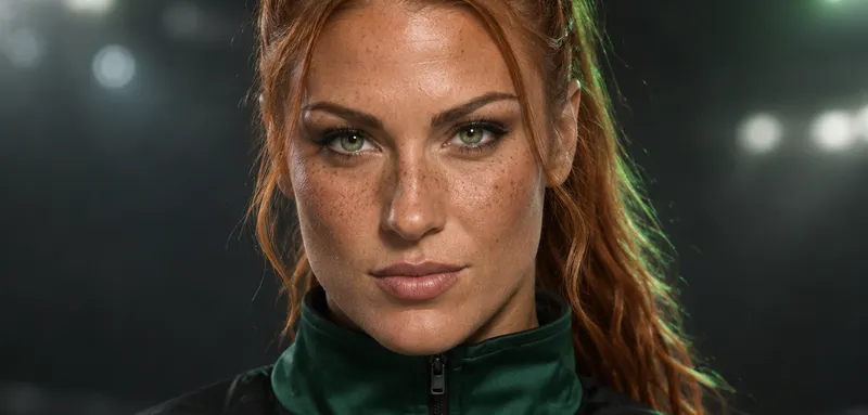 Original wrestling character in a green and black warm-up jacket, lit green from the arena rigging